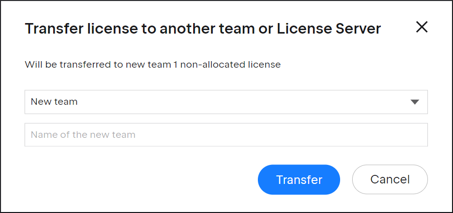 The license transfer confirmation dialog with the New team option selected