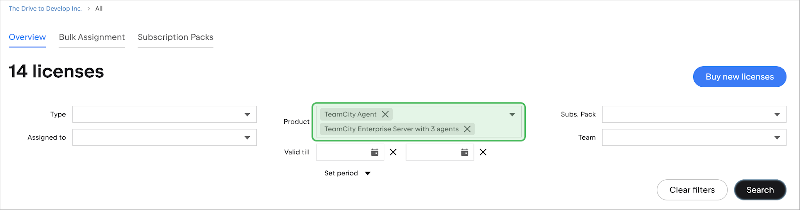 Vista de activos: Filtro de productos con TeamCity seleccionado