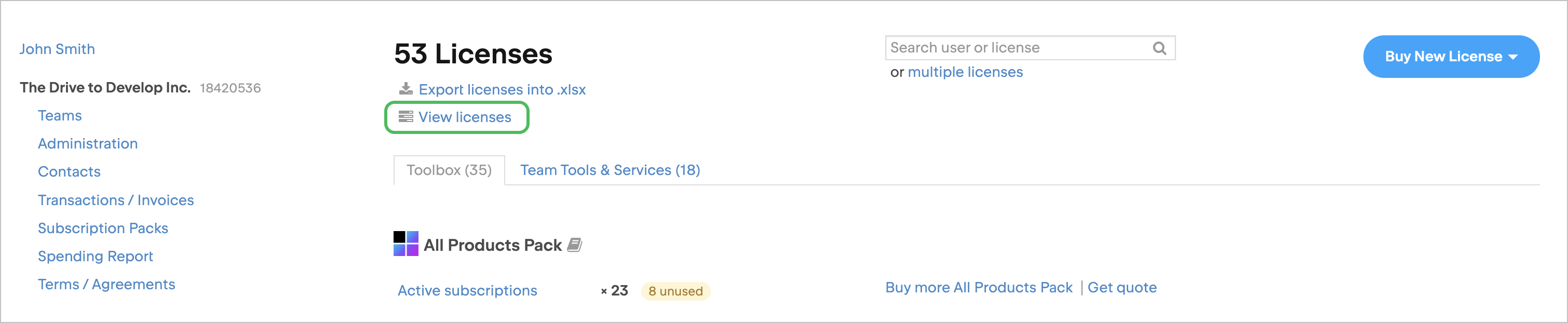 Main page with View licenses highlighted