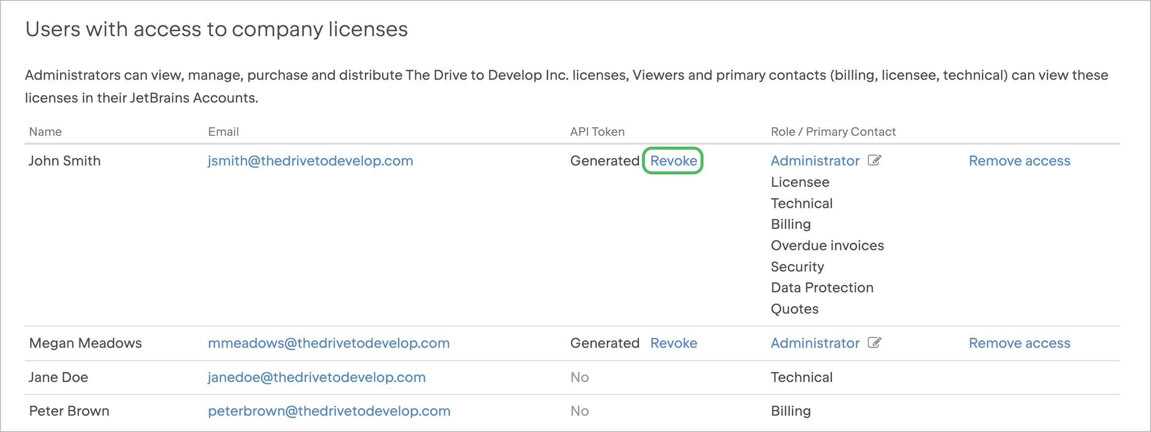 Team administrator table with API tokens