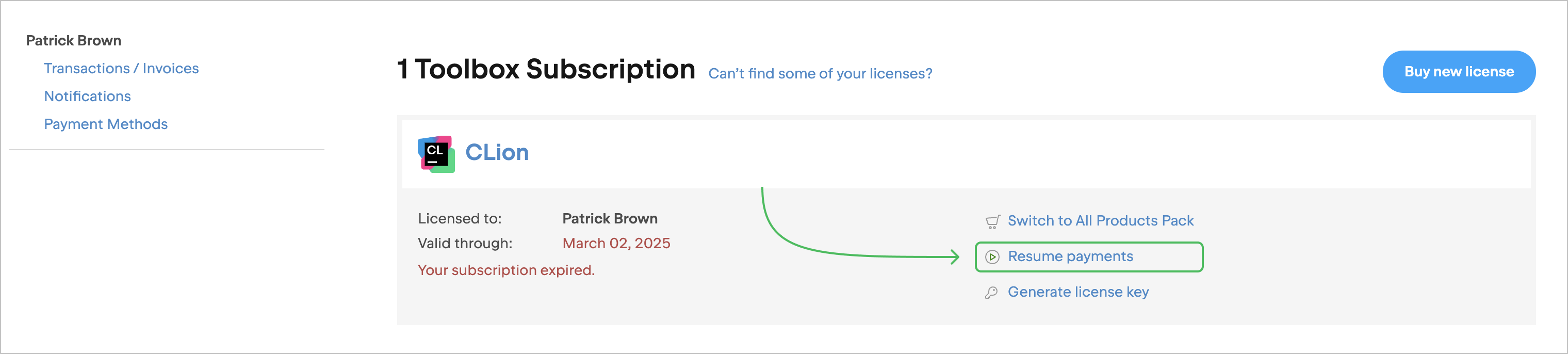 Resume payments for an expired subscription