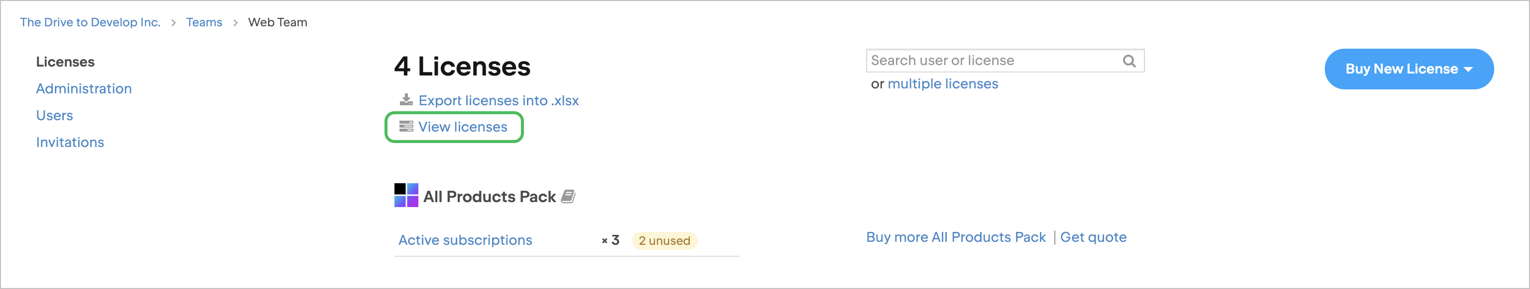 View licenses in a team profile