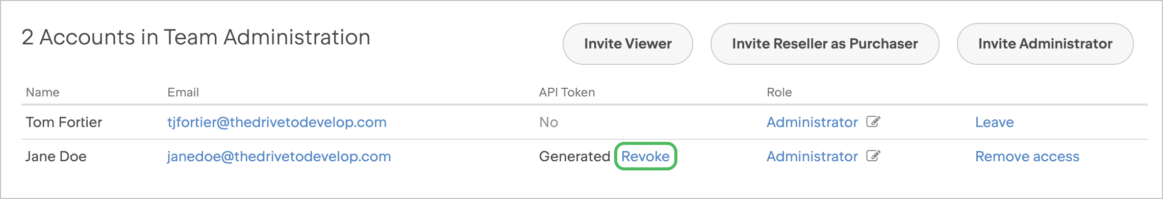 Team administrator table with API tokens