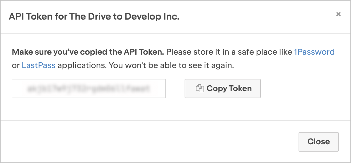 API token shown in a popup
