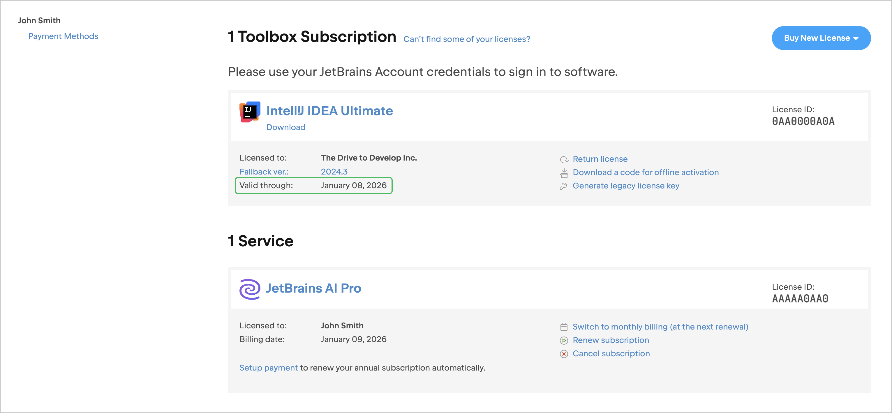 Main account page with personal subscriptions