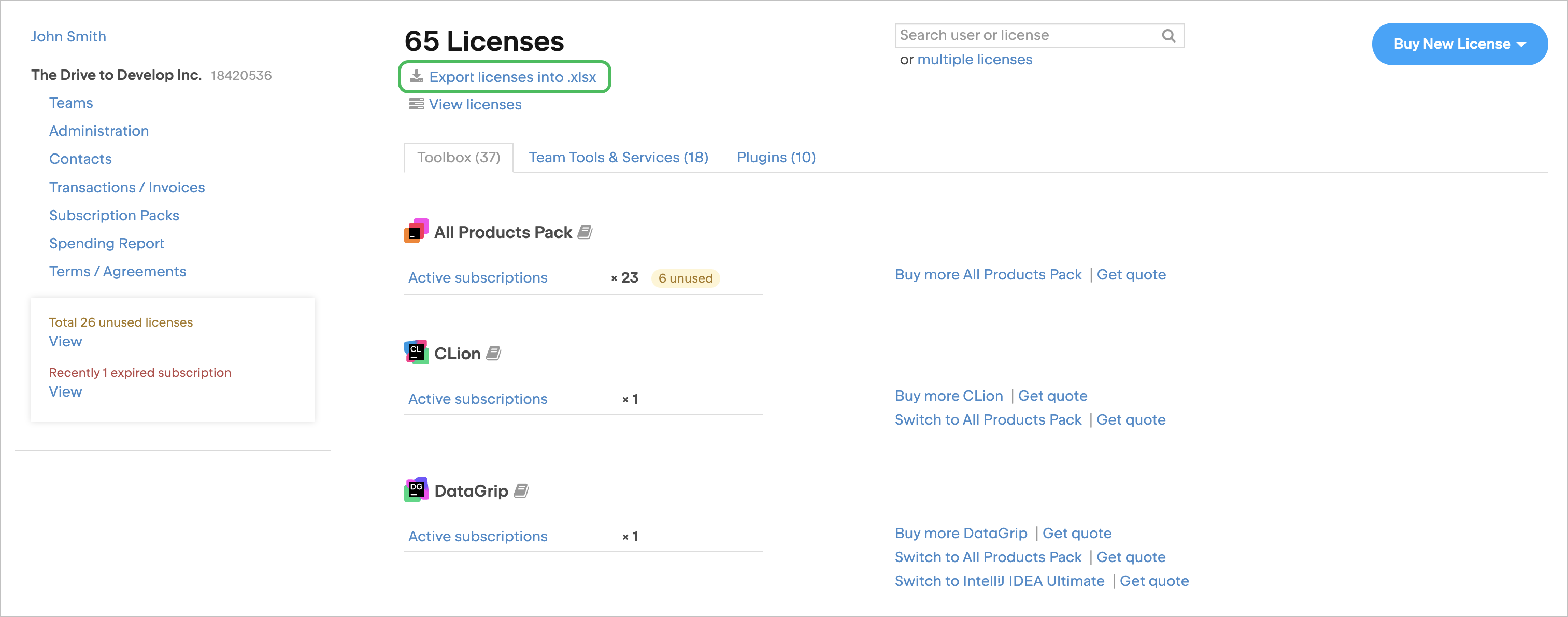 License overview on the main organization profile page and export button