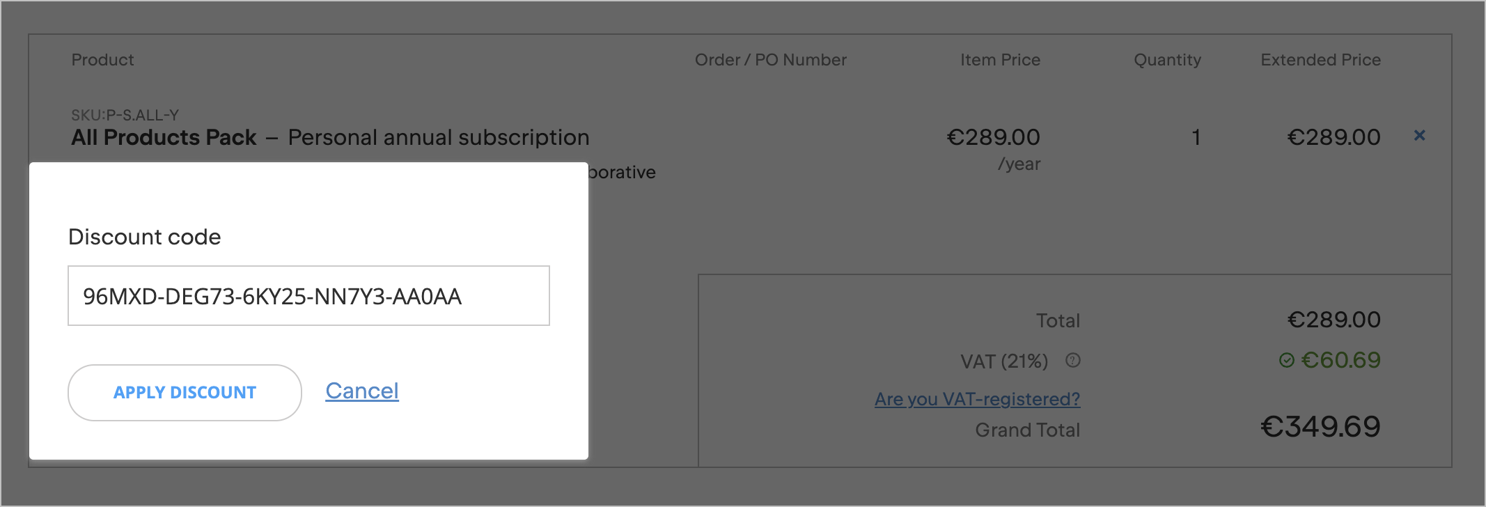 Discount code dialog