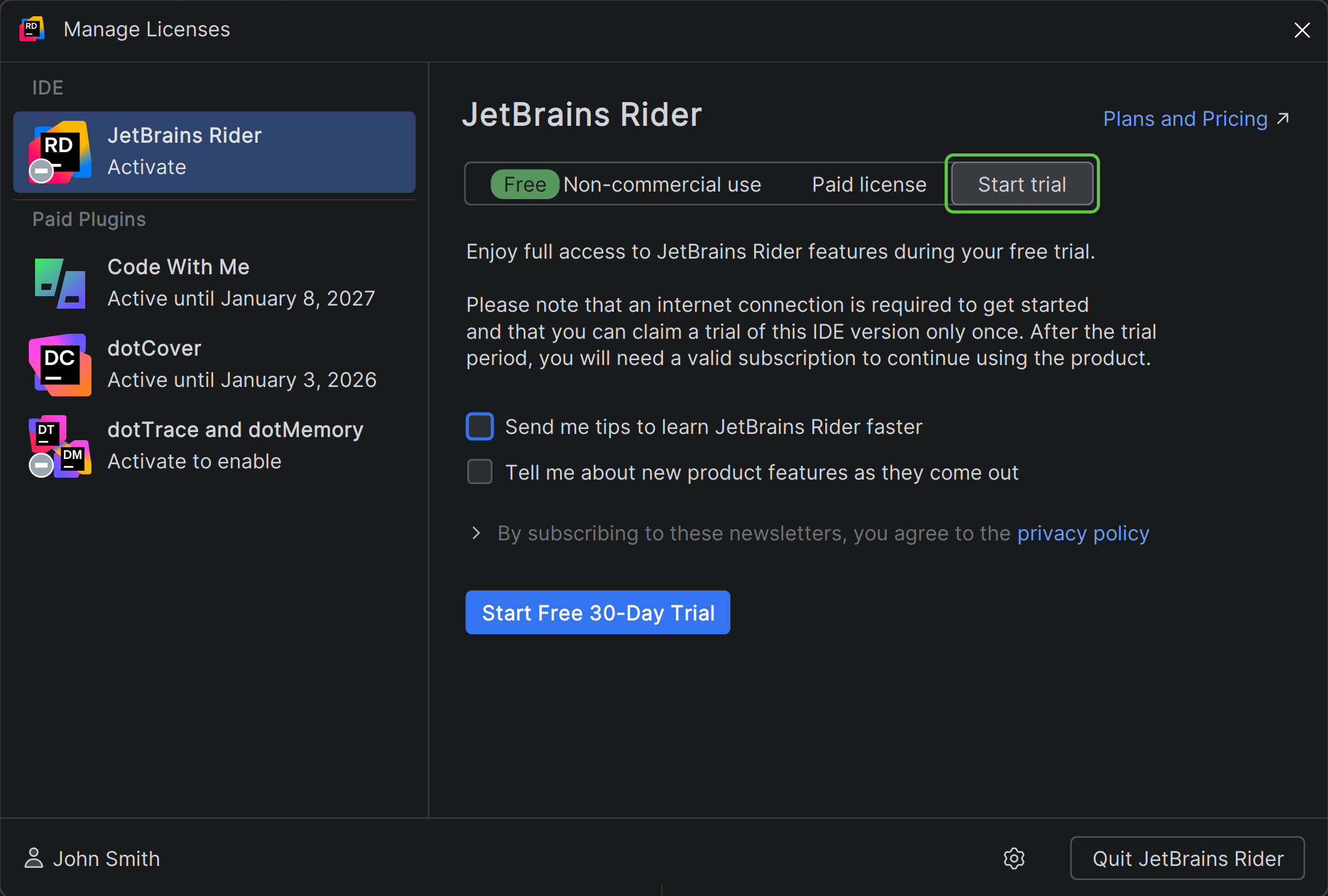 Start trial tab in Rider 