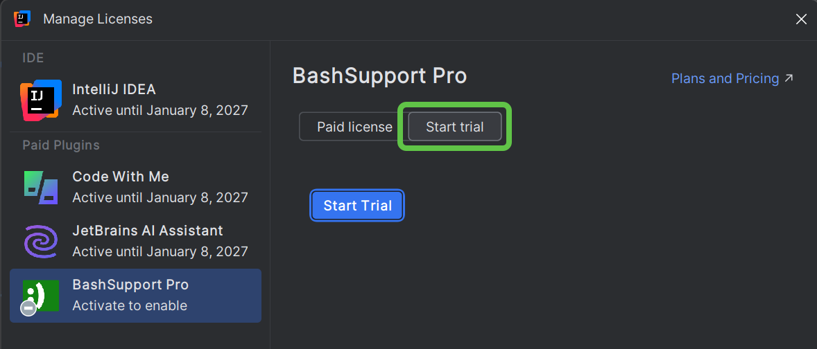 Start plugin trial tab